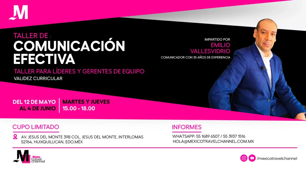 Descubre el Taller de Comunicación Efectiva, las claves para una interacción exitosa que se impartirá en las instalaciones de México Travel Channel.              
Aprende a comunicar mejor con teoría y práctica en estudio de TV y herramientas reales. ¡Anímate a tomarlo!