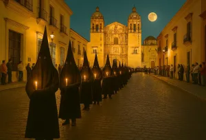 La Procesión del Silencio y el recorrido de las 7 casas en Oaxaca: una noche de fe, tradición y profunda introspección que envuelve las calles del Centro Histórico con luz, solemnidad y devoción/Foto: IA