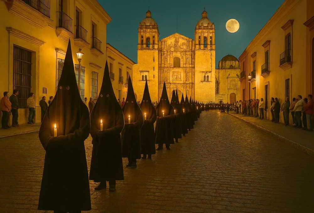 La Procesión del Silencio y el recorrido de las 7 casas en Oaxaca: una noche de fe, tradición y profunda introspección que envuelve las calles del Centro Histórico con luz, solemnidad y devoción/Foto: IA