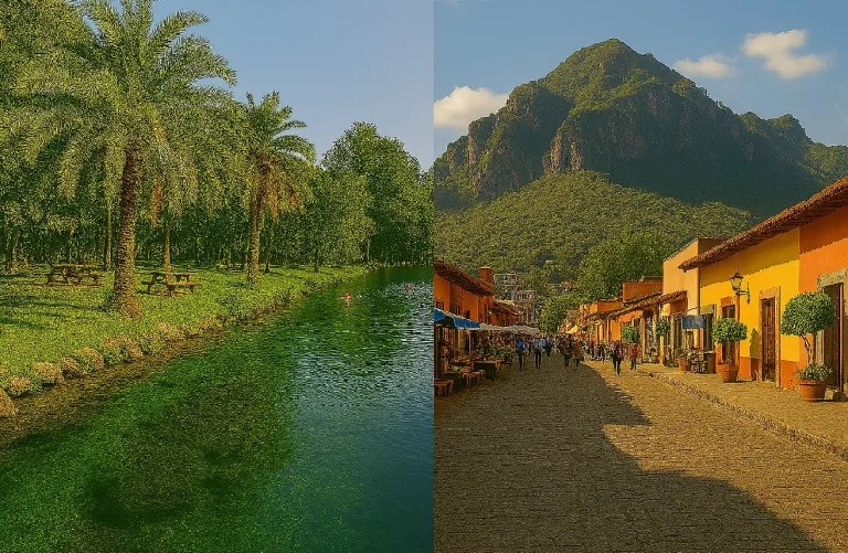 Dos destinos, dos experiencias: entre la naturaleza cristalina de Las Estacas y el encanto montañoso y cultural de Tepoztlán, la elección para un viaje de fin de mes depende de tu estilo de escape./Foto: IA