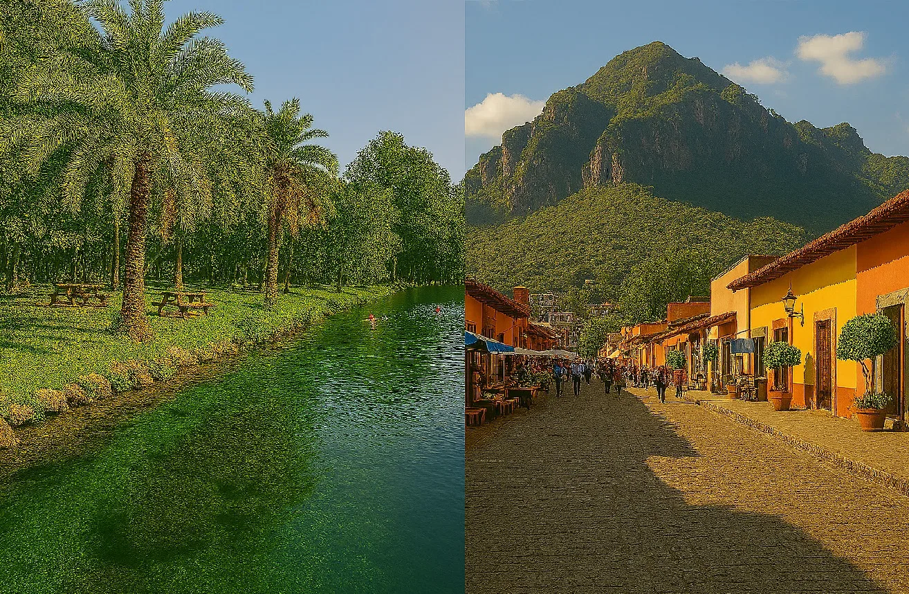 Dos destinos, dos experiencias: entre la naturaleza cristalina de Las Estacas y el encanto montañoso y cultural de Tepoztlán, la elección para un viaje de fin de mes depende de tu estilo de escape./Foto: IA