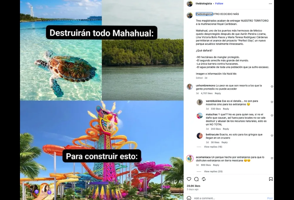 Posteo de @thebiologista por caso Mahahual y construcción Perfect Day de Royal Caribbean.