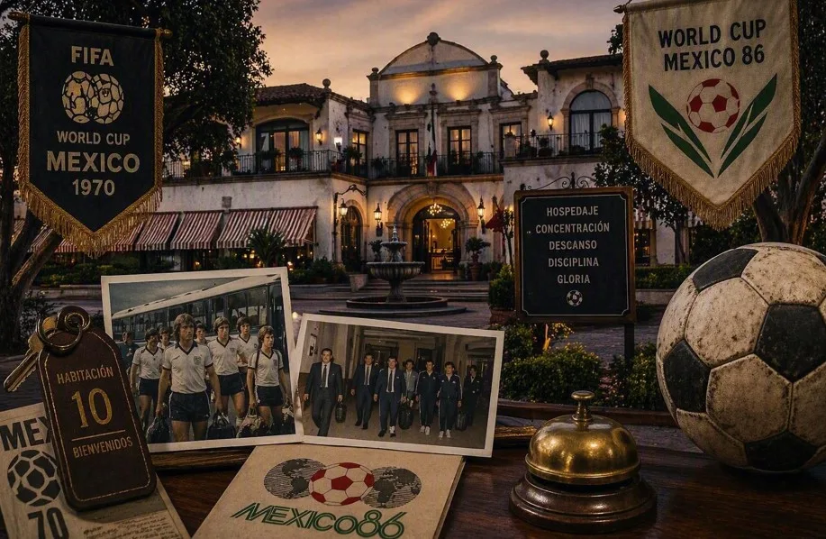 Entre jardines, pasillos y salones históricos, los hoteles que recibieron a las selecciones mundialistas en México guardan historias poco conocidas de convivencia, preparación y gloria futbolística./Foto: IA (Copilot)