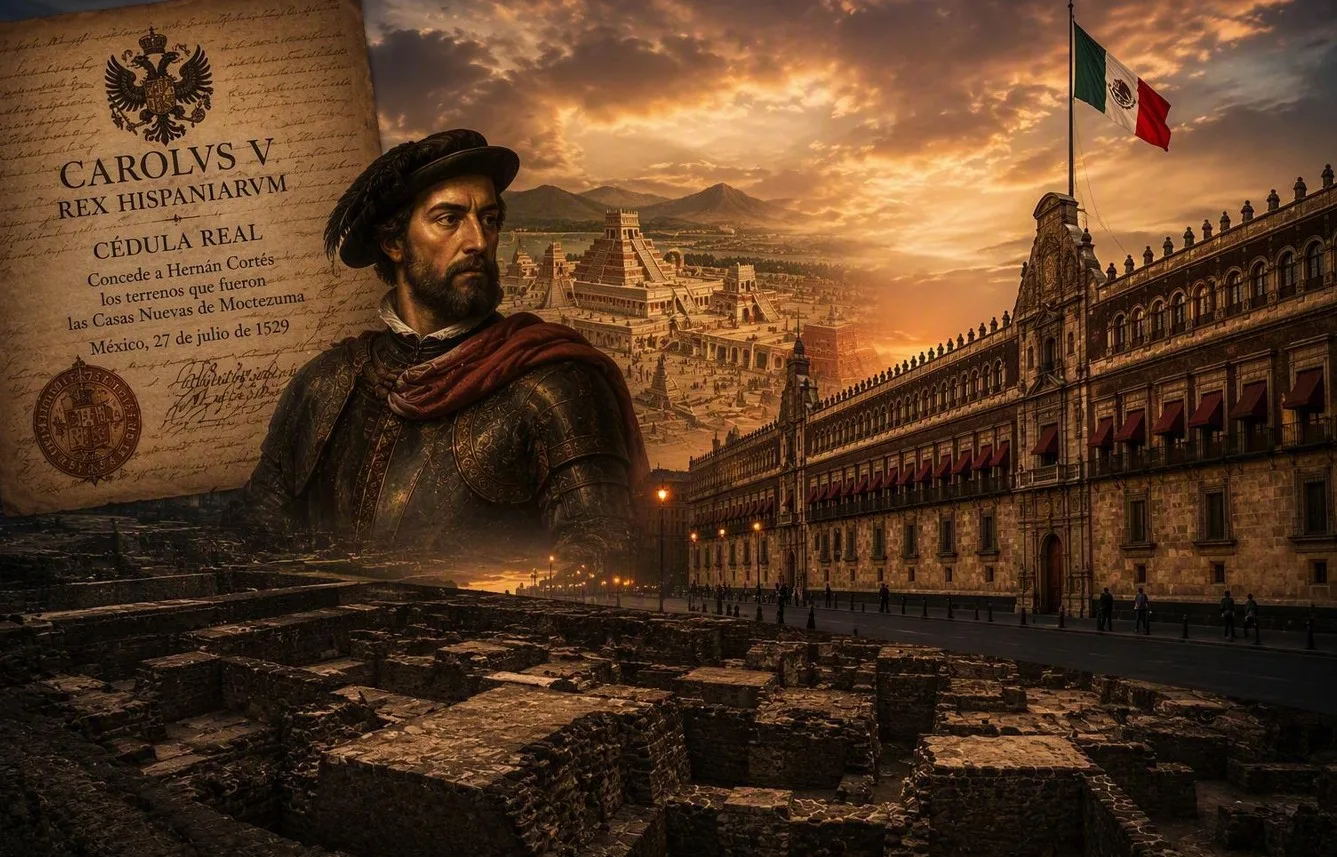 Antes de convertirse en la sede del Poder Ejecutivo, el Palacio Nacional fue construido sobre las antiguas Casas Nuevas de Moctezuma y formó parte de las propiedades concedidas a Hernán Cortés tras la Conquista./Foto:IA (Copilot)