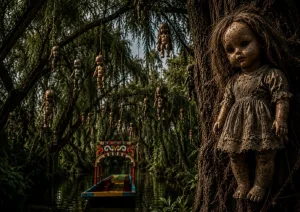 La Isla de las Muñecas, en los canales de Xochimilco, nació como el refugio de Don Julián Santana y con el tiempo se convirtió en uno de los sitios más enigmáticos y visitados de la Ciudad de México. Foto: IA.
