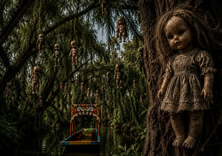 La Isla de las Muñecas, en los canales de Xochimilco, nació como el refugio de Don Julián Santana y con el tiempo se convirtió en uno de los sitios más enigmáticos y visitados de la Ciudad de México. Foto: IA.