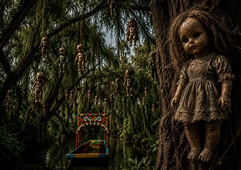 La Isla de las Muñecas, en los canales de Xochimilco, nació como el refugio de Don Julián Santana y con el tiempo se convirtió en uno de los sitios más enigmáticos y visitados de la Ciudad de México. Foto: IA.