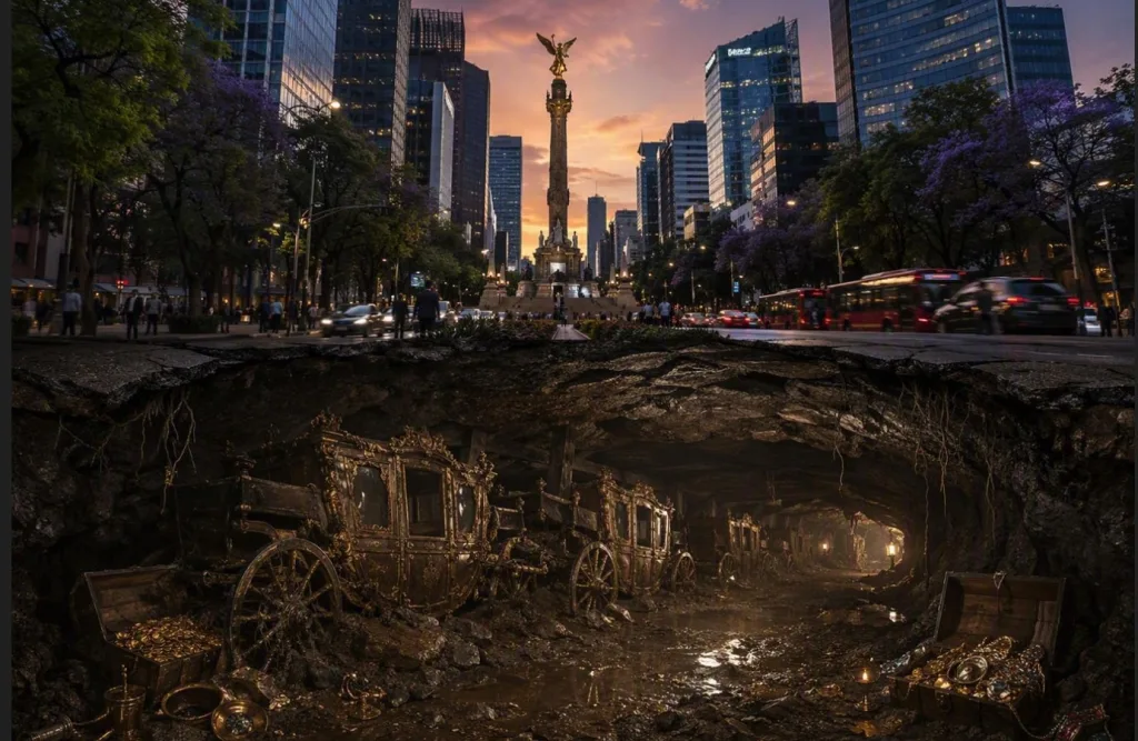 La leyenda asegura que, bajo el asfalto de Paseo de la Reforma, permanecen enterrados carruajes con tesoros atribuidos a la corte de Maximiliano de Habsburgo, uno de los misterios históricos más persistentes de la capital mexicana./Foto: AI (Copilot)