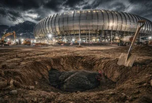 Entre la tierra removida y los cimientos del Estadio BBVA nació una de las leyendas urbanas más conocidas del futbol regiomontano: la historia de una gallina negra enterrada para impedir el éxito de Rayados./Foto: IA (copilot)