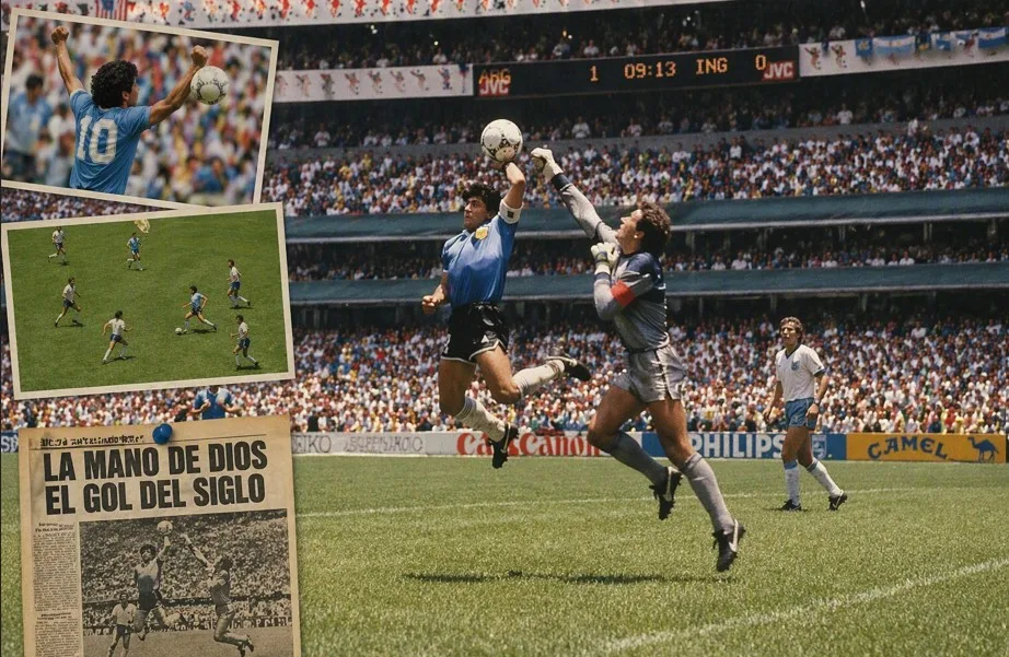 Ante más de 100 mil espectadores en el Estadio Azteca, los cuartos de final de México 1986 dejaron dos de las jugadas más icónicas del futbol mundial, inmortalizando aquel duelo entre Argentina e Inglaterra./Foto:IA (COPILOT)