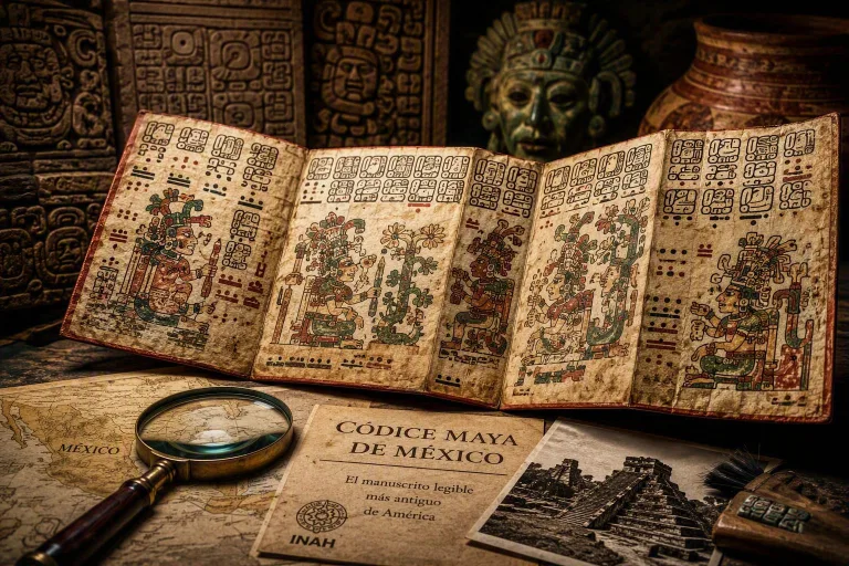 El Códice Maya de México permaneció durante décadas bajo sospecha, hasta que estudios científicos confirmaron su autenticidad como el manuscrito legible más antiguo de América./Foto: IA