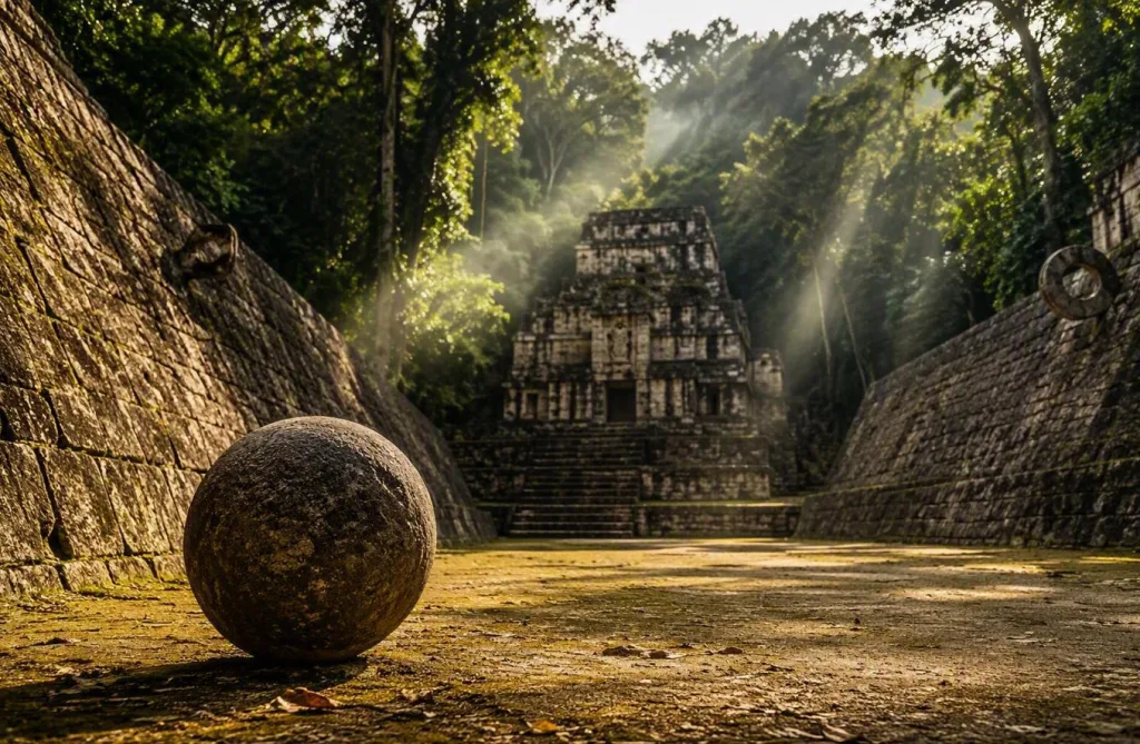 El juego de pelota fue una de las tradiciones más importantes de Mesoamérica y su legado continúa vivo en el Ulama, practicado hasta nuestros días en comunidades de Sinaloa./Foto: IA