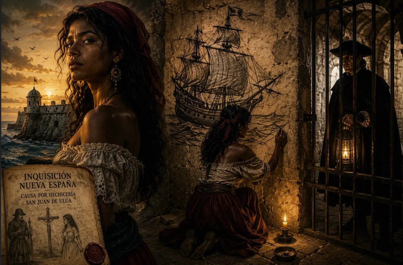 La leyenda de la Mulata de Córdoba narra la historia de una mujer acusada de brujería que, según la tradición popular, escapó del Castillo de San Juan de Ulúa a bordo de un barco dibujado en la pared de su celda./Foto:IA