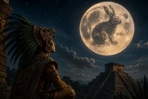 La tradición cuenta que Quetzalcóatl recompensó la generosidad de un humilde conejo colocando su imagen sobre la Luna para que fuera recordada por toda la eternidad/Foto:IA