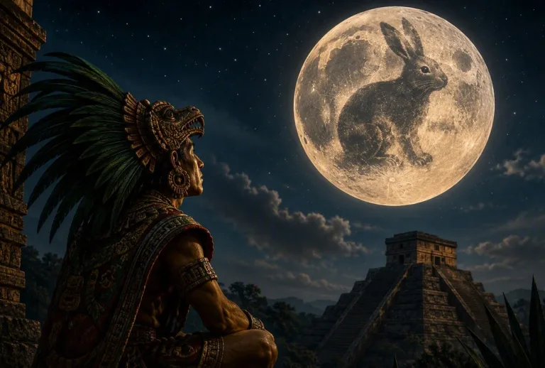La tradición cuenta que Quetzalcóatl recompensó la generosidad de un humilde conejo colocando su imagen sobre la Luna para que fuera recordada por toda la eternidad/Foto:IA