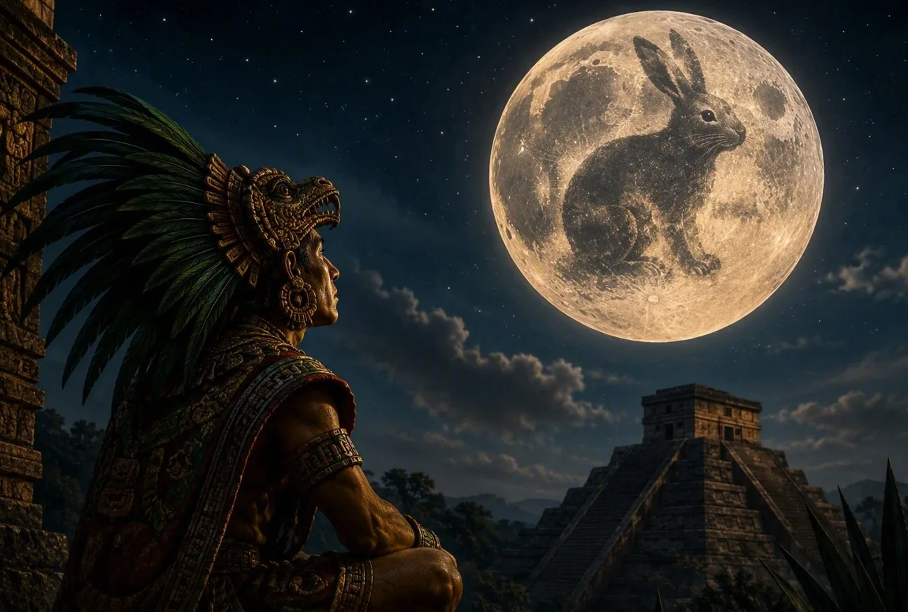La tradición cuenta que Quetzalcóatl recompensó la generosidad de un humilde conejo colocando su imagen sobre la Luna para que fuera recordada por toda la eternidad/Foto:IA