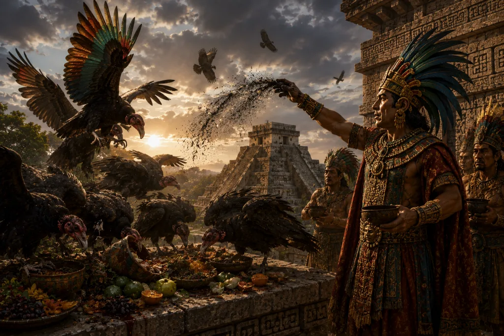 Conoce la leyenda del Chom, el relato maya que explica por qué los zopilotes tienen plumaje negro y se alimentan de restos. Descubre su historia en Uxmal, su simbolismo cultural y la verdadera importancia de estas aves.