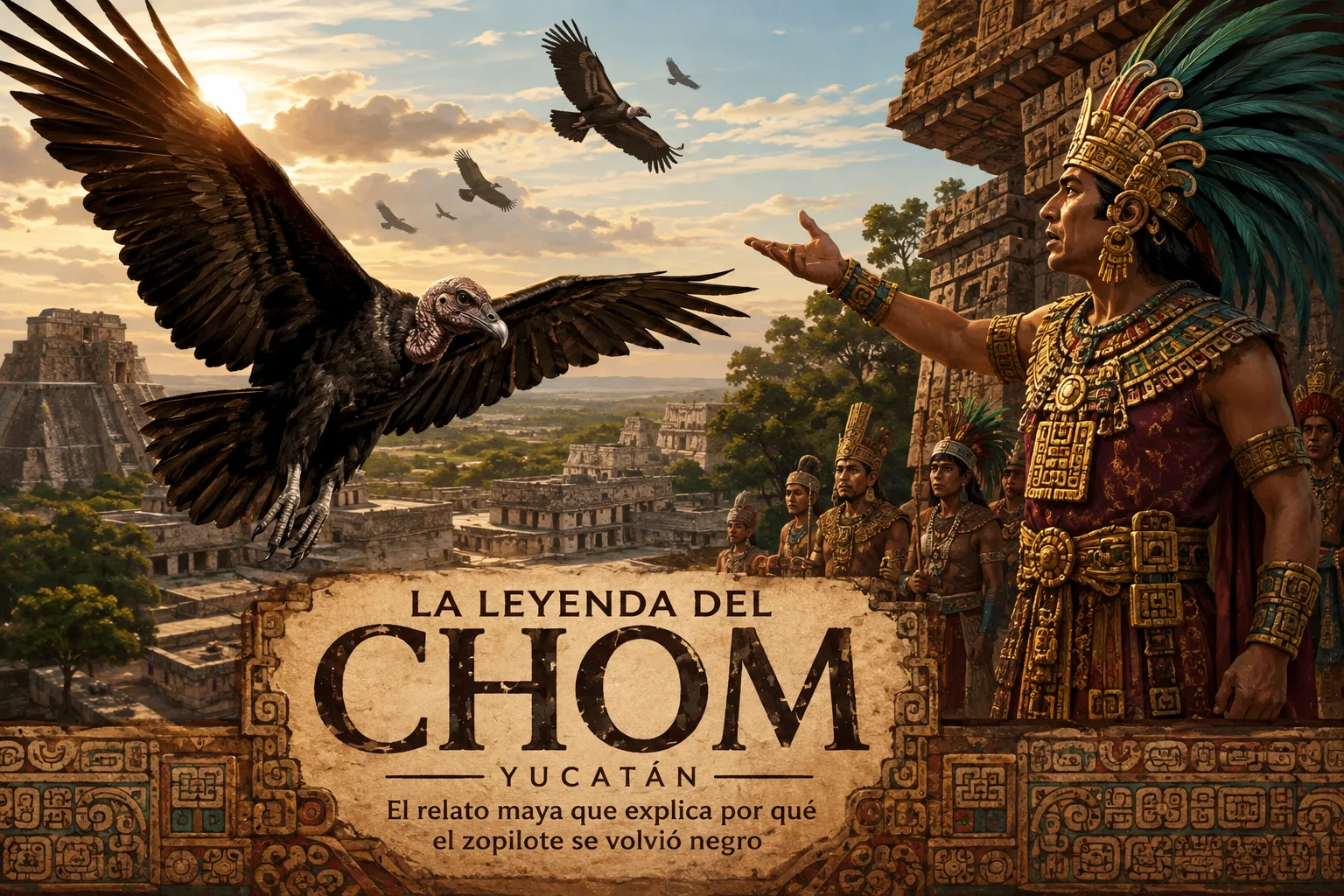 Conoce la leyenda del Chom, el relato maya que explica por qué los zopilotes tienen plumaje negro y se alimentan de restos. Descubre su historia en Uxmal, su simbolismo cultural y la verdadera importancia de estas aves.