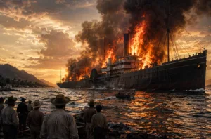 Recreación ilustrativa del incendio y naufragio del SS Golden Gate frente a las costas de Manzanillo, Colima, el 27 de julio de 1862. La tragedia, que cobró numerosas vidas y provocó la pérdida de una fortuna en oro californiano, es considerada uno de los desastres marítimos más impactantes del siglo XIX en el Pacífico./Foto: IA (Copilot)