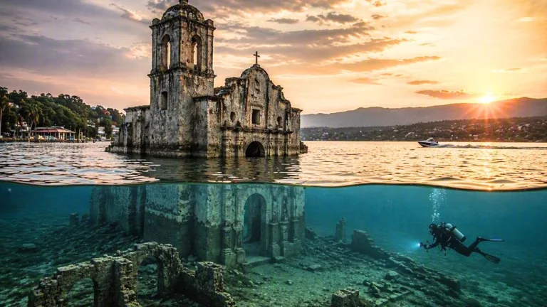 La iglesia de San Juan Bautista es el vestigio más emblemático del antiguo pueblo de Tequesquitengo, una comunidad que quedó parcialmente sumergida bajo las aguas del lago y cuya historia aún puede explorarse mediante recorridos turísticos y actividades de buceo./Foto: IA (copilot)