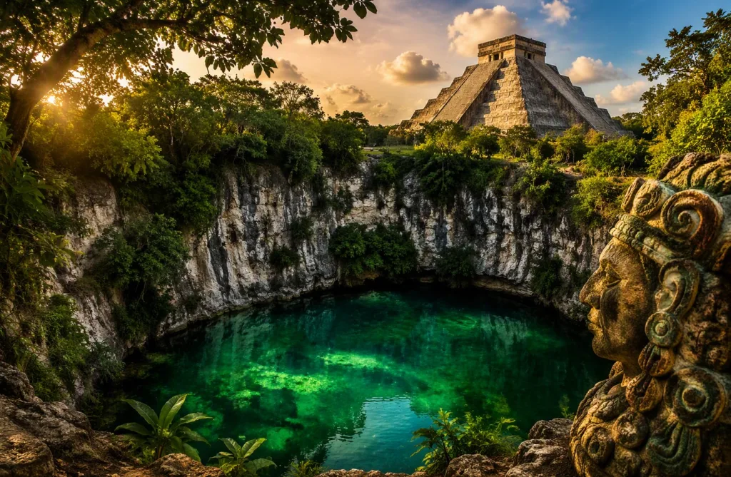 Las aguas verde jade del Cenote Sagrado reposan en el corazón de Chichén Itzá, rodeadas por siglos de historia, leyenda y simbolismo espiritual./Foto:IA