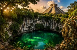 Las aguas verde jade del Cenote Sagrado reposan en el corazón de Chichén Itzá, rodeadas por siglos de historia, leyenda y simbolismo espiritual./Foto:IA