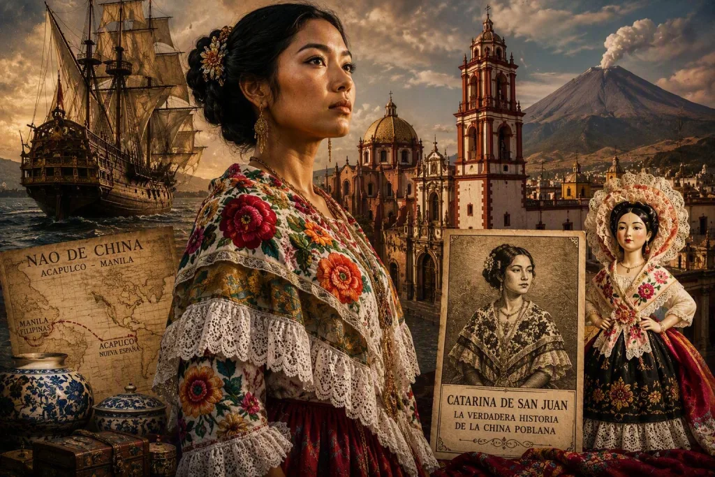 Catarina de San Juan llegó a la Nueva España a través de la ruta de la Nao de China, una travesía que conectó Asia, América y Europa durante más de dos siglos./b Foto: AI (Copilot)