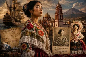 Catarina de San Juan llegó a la Nueva España a través de la ruta de la Nao de China, una travesía que conectó Asia, América y Europa durante más de dos siglos./b Foto: AI (Copilot)