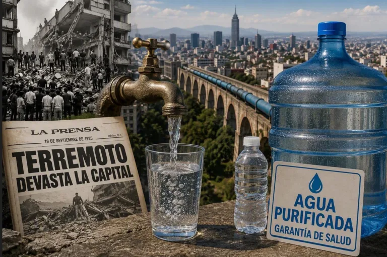 Del agua de la llave al garrafón: la imagen representa la transformación de los hábitos de consumo de agua en la Ciudad de México, marcada por el deterioro de la infraestructura, las crisis sanitarias y una creciente desconfianza hacia la red pública./Foto: IA