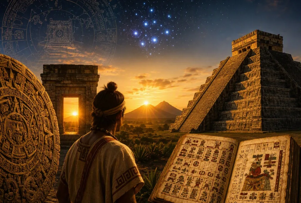 El cielo, las montañas, la arquitectura y los calendarios formaban parte de una compleja manera de medir el tiempo en Mesoamérica. La observación del movimiento aparente del Sol y de determinados astros permitió reconocer momentos significativos del año y relacionarlos con ceremonias y ciclos agrícolas./Foto: IA