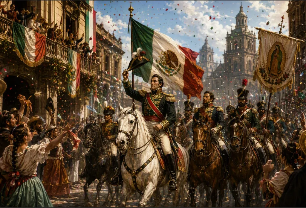 Representación de la entrada del Ejército Trigarante a la Ciudad de México el 27 de septiembre de 1821, fecha que conmemora la consumación de la Independencia de México./Foto; IA