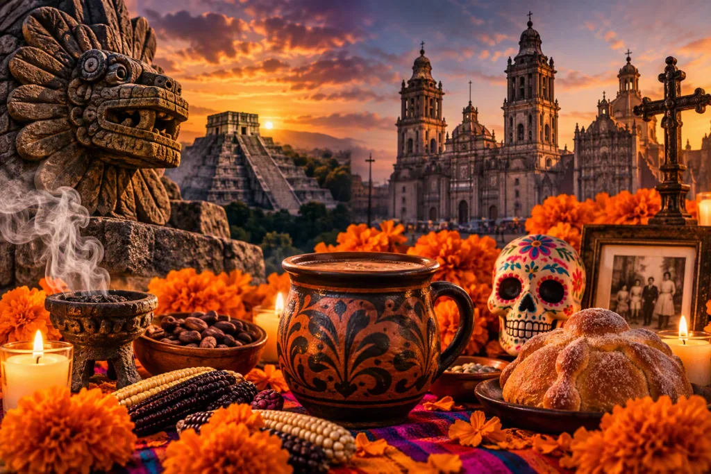 Para comprender el Día de Muertos hay que mirar el altar como una página de historia: entre copal, cempasúchil, veladoras y cruces permanece el encuentro cultural que, durante siglos, dio forma a una tradición profundamente mexicana./Foto: IA