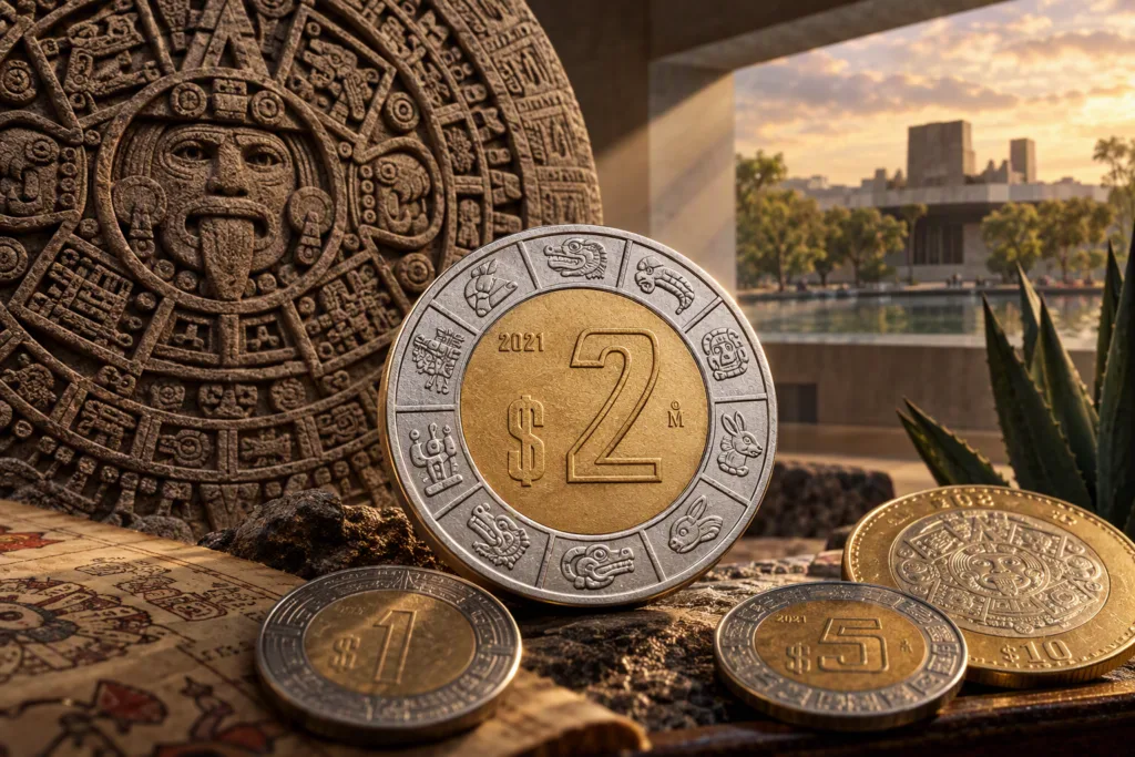 La moneda de dos pesos conserva diez glifos inspirados en la Piedra del Sol, un detalle que conecta la vida cotidiana con el legado del México antiguo./Foto; IA