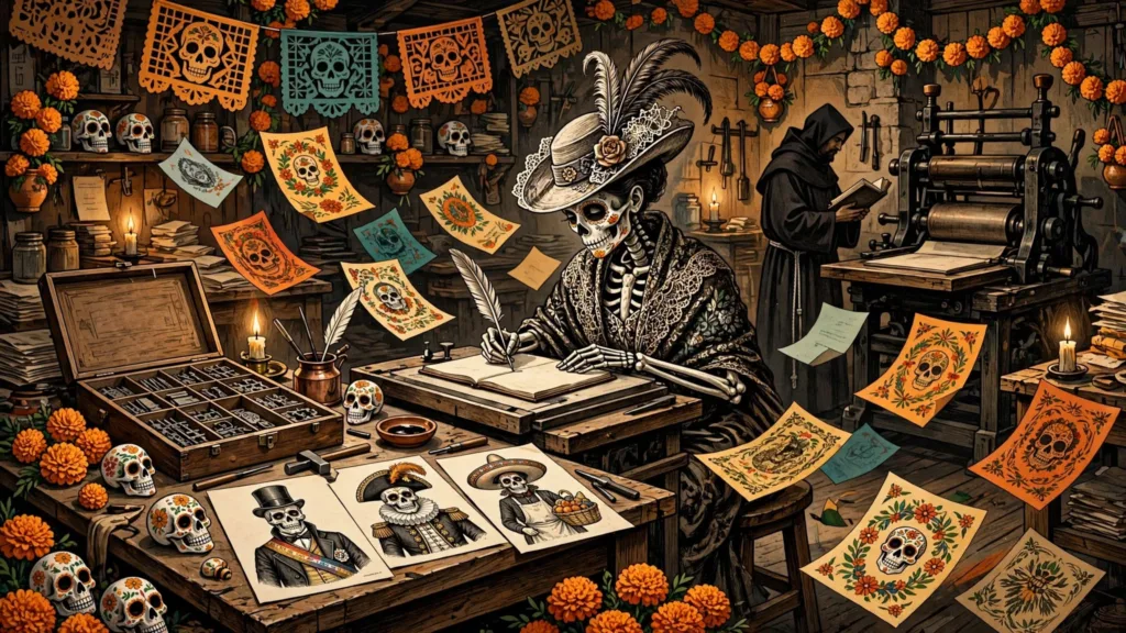 Mucho antes de llegar a las escuelas y las redes sociales, las calaveritas literarias ya utilizaban el humor y la figura de la muerte para retratar a la sociedad mexicana con ingenio y crítica.Mucho antes de llegar a las escuelas y las redes sociales, las calaveritas literarias ya utilizaban el humor y la figura de la muerte para retratar a la sociedad mexicana con ingenio y crítica./Foto:IA