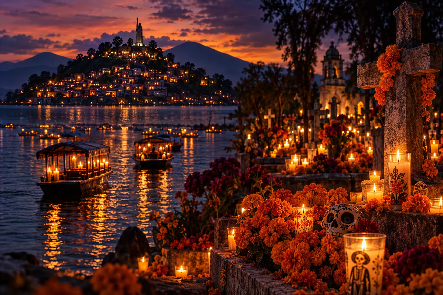 Miles de velas iluminan Janitzio y Mixquic durante las celebraciones de Día de Muertos, una de las tradiciones más emblemáticas de México./Foto: IA