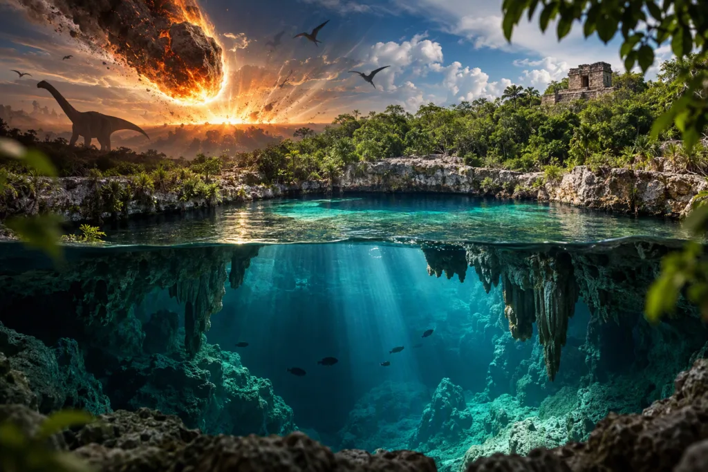 El asteroide desapareció, el cráter quedó sepultado y la vida volvió a ocupar Yucatán; 66 millones de años después, el agua ayuda a revelar sobre la superficie la cicatriz de uno de los días más extraordinarios de la historia del planeta./Foto: IA