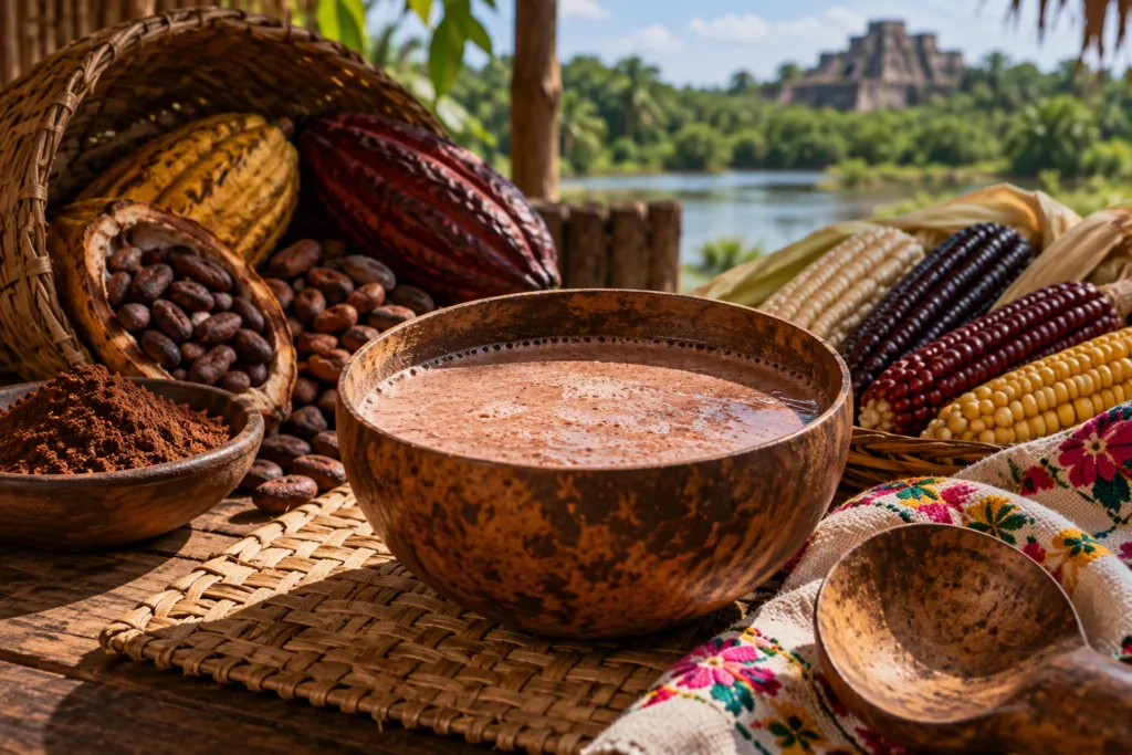 Cacao, maíz y fermentación se reúnen en una jícara de chorote, bebida tradicional de Tabasco que mantiene vivos sabores y conocimientos vinculados con la cultura yokot’an y la historia alimentaria del sureste mexicano./Foto: IA