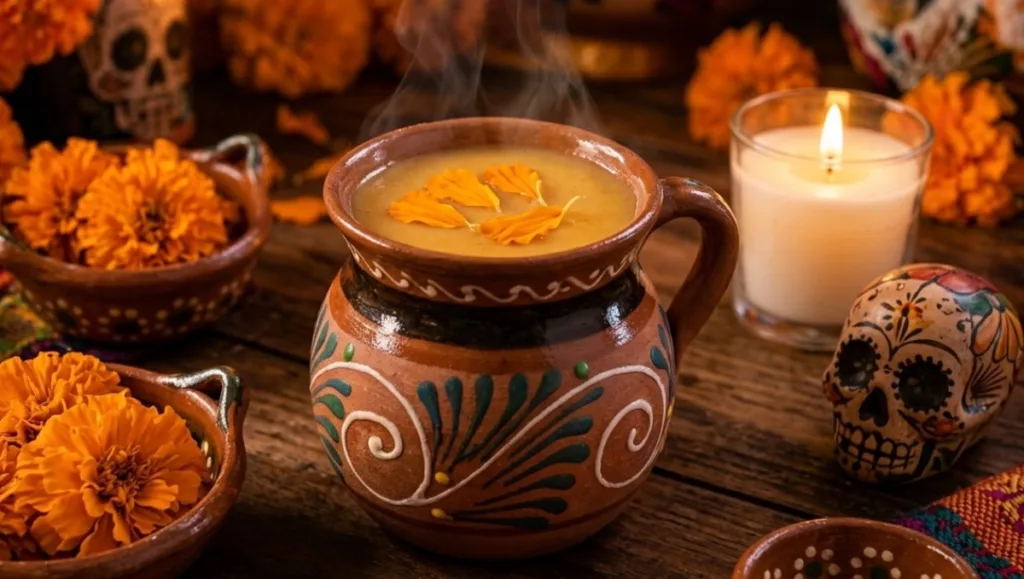 Descubre qué es el atole de cempasúchil, su historia y cómo preparar esta bebida mexicana para el Día de Muertos.