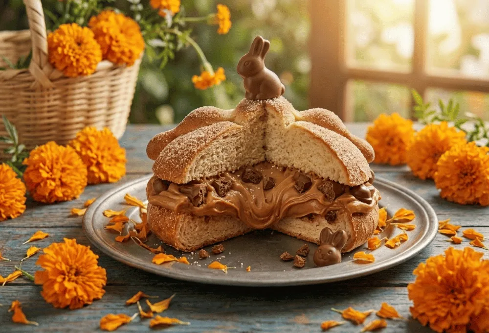 Pan de muerto con conejito de chocolate.
