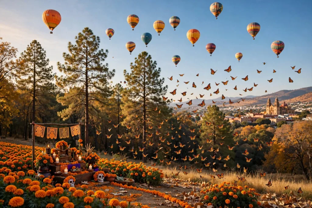 Entre las celebraciones de Día de Muertos, la llegada de la Mariposa Monarca, los campos de cempasúchil y el Festival Internacional del Globo, noviembre reúne algunas de las experiencias culturales y naturales más extraordinarias que pueden vivirse en México./Foto: IA